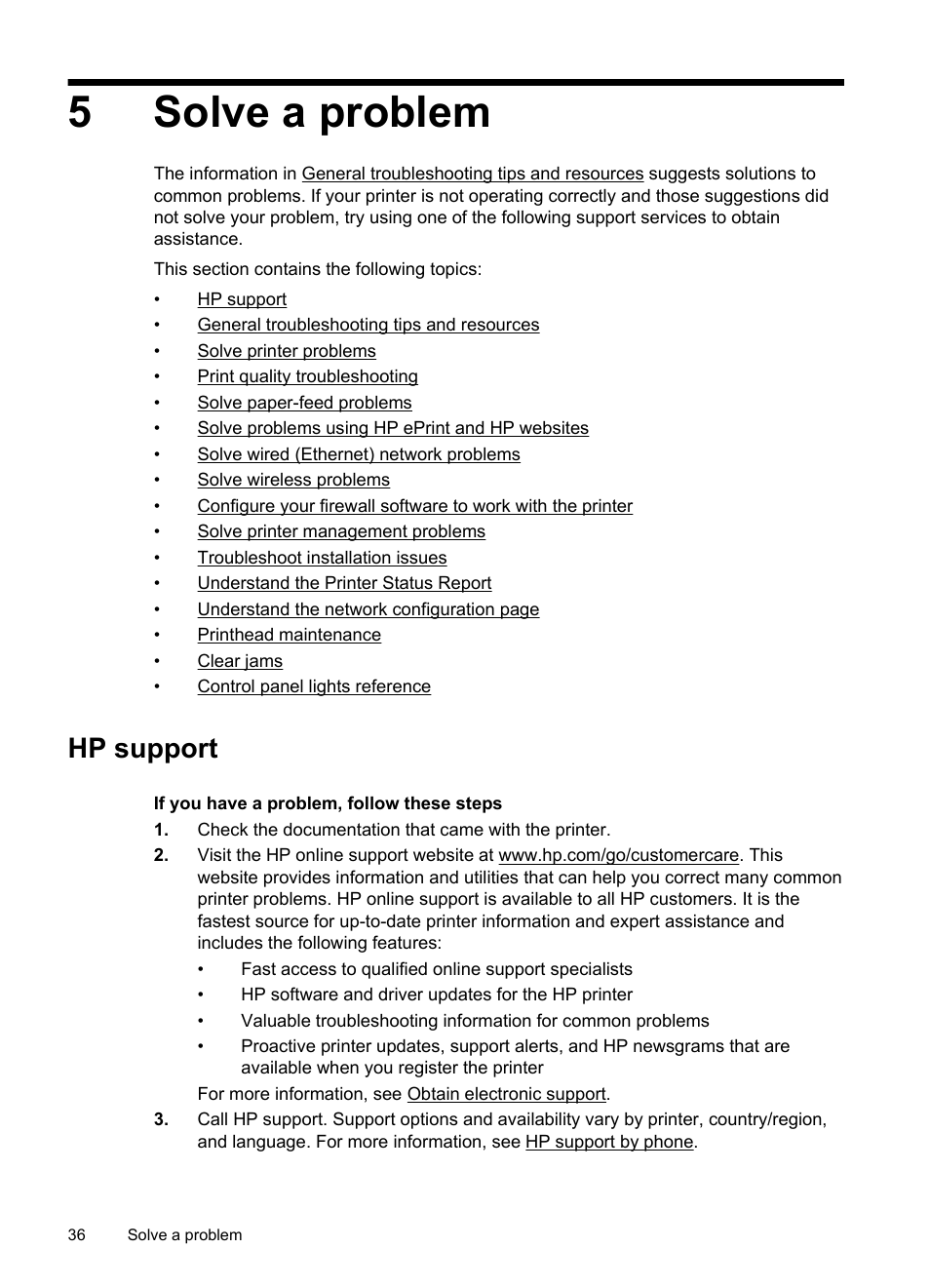 Solve a problem, Hp support, Obtain electronic support hp support by phone | 5solve a problem | HP Officejet 6100 User Manual | Page 40 / 138