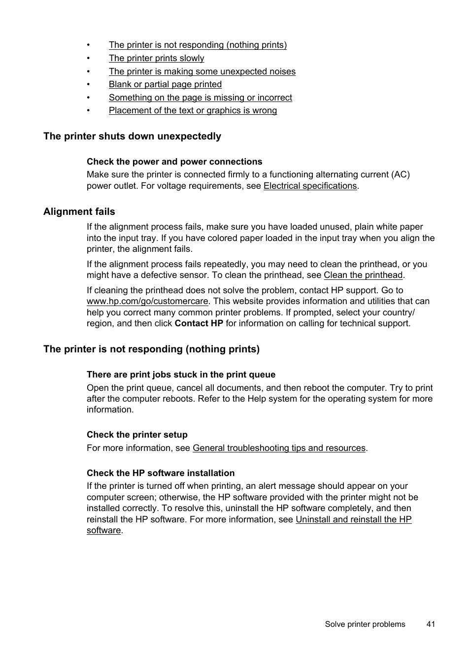 The printer shuts down unexpectedly, Alignment fails, The printer is not responding (nothing prints) | HP Officejet 6100 User Manual | Page 45 / 138