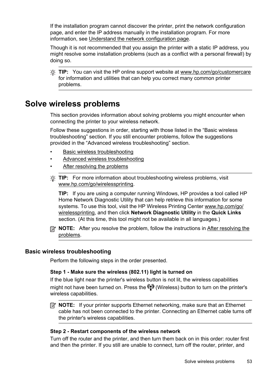 Solve wireless problems, Basic wireless troubleshooting, After resolving the problems | HP Officejet 6100 User Manual | Page 57 / 138