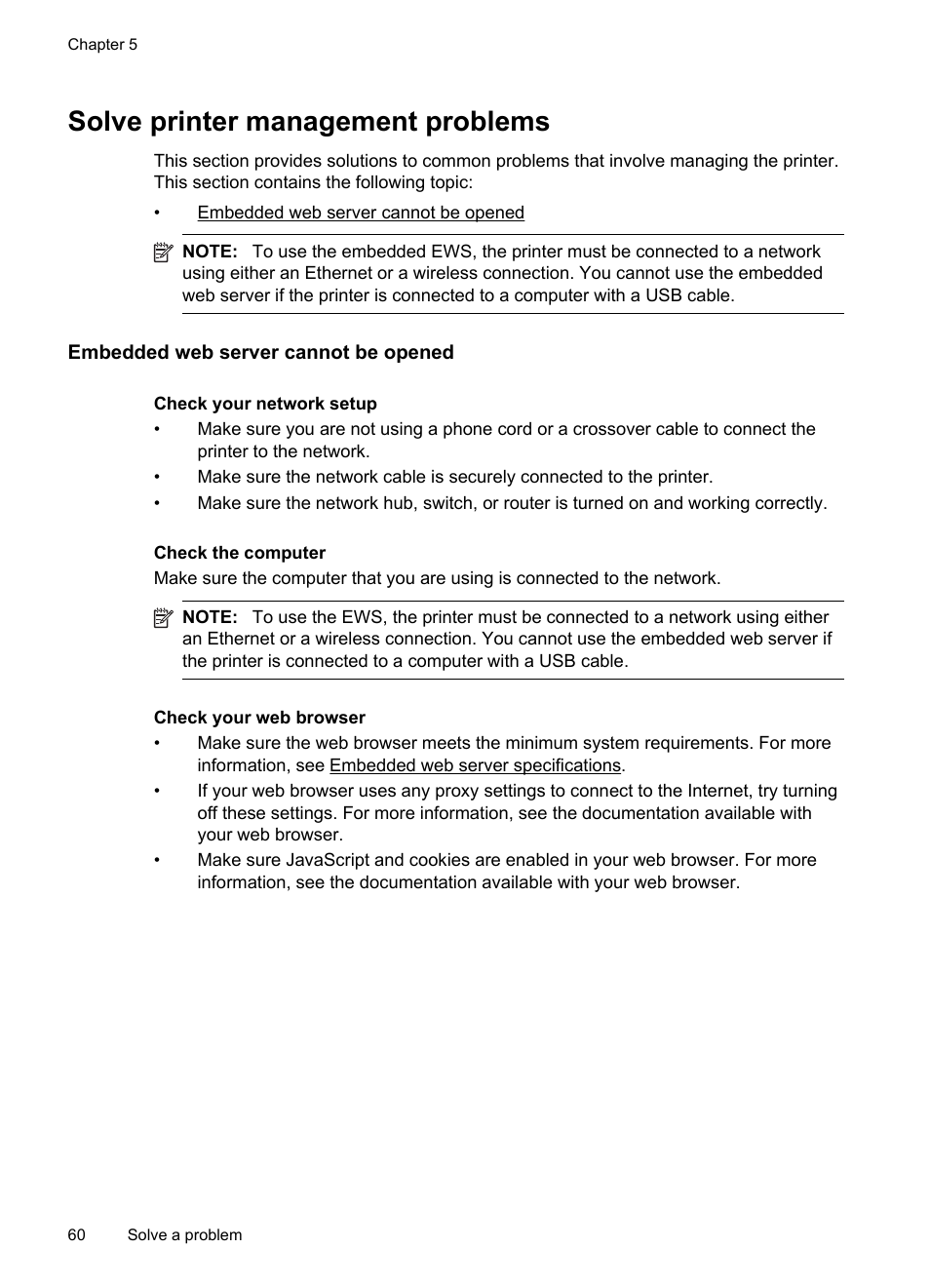 Solve printer management problems, Embedded web server cannot be opened | HP Officejet 6100 User Manual | Page 64 / 138