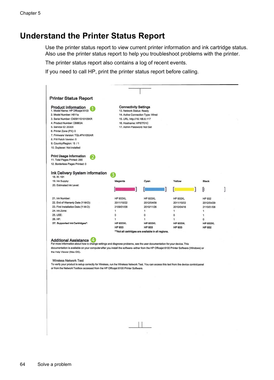 Understand the printer status report | HP Officejet 6100 User Manual | Page 68 / 138