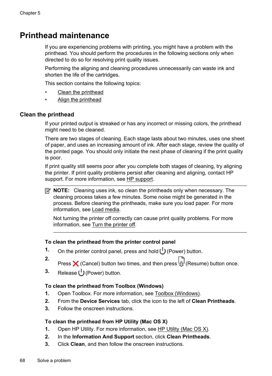 Printhead maintenance, Clean the printhead, Clean the printhead align the printhead | E clean the printhead | HP Officejet 6100 User Manual | Page 72 / 138