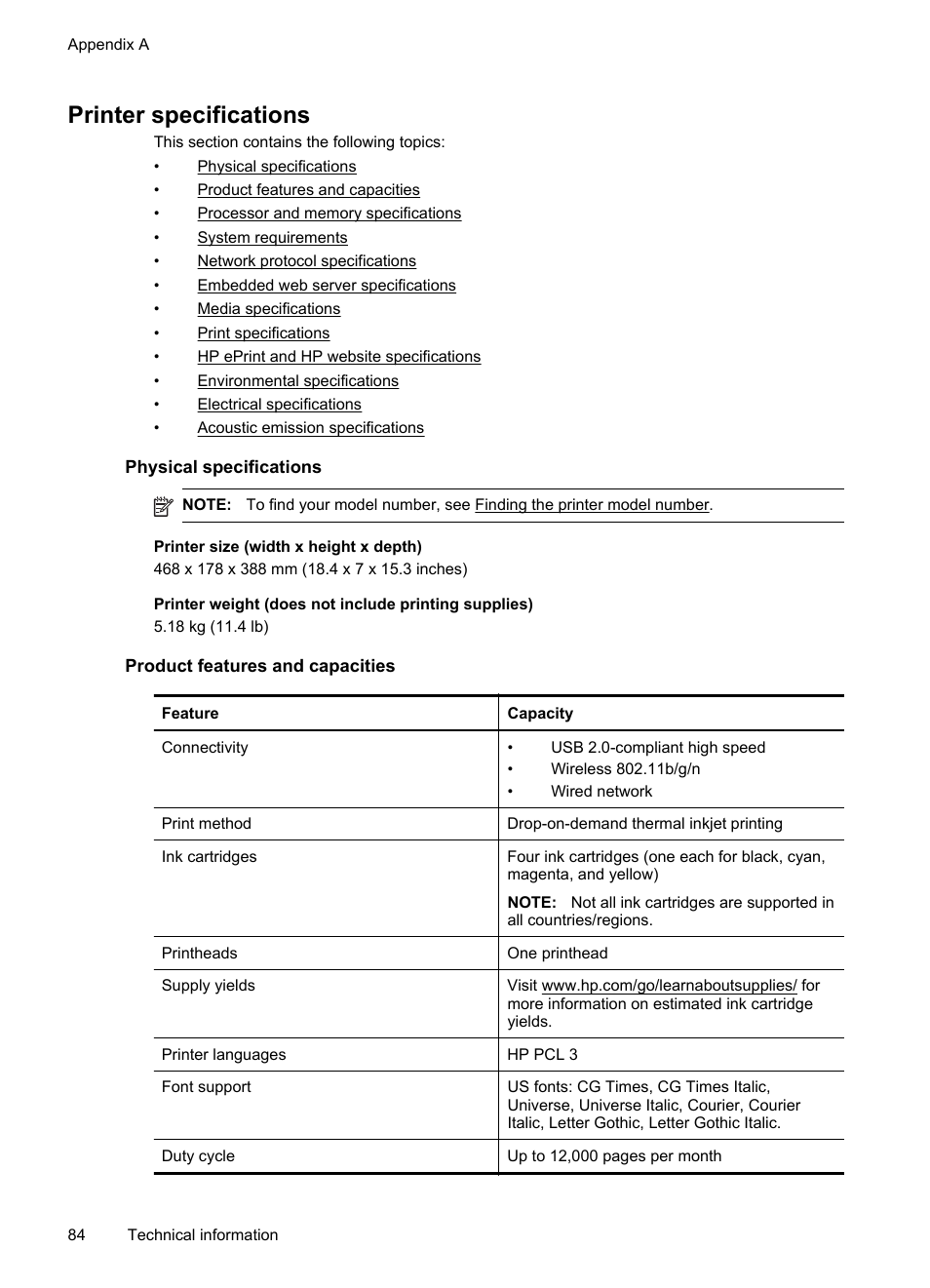 Printer specifications, Physical specifications, Product features and capacities | Hp eprint specifications hp website specifications | HP Officejet 6100 User Manual | Page 88 / 138