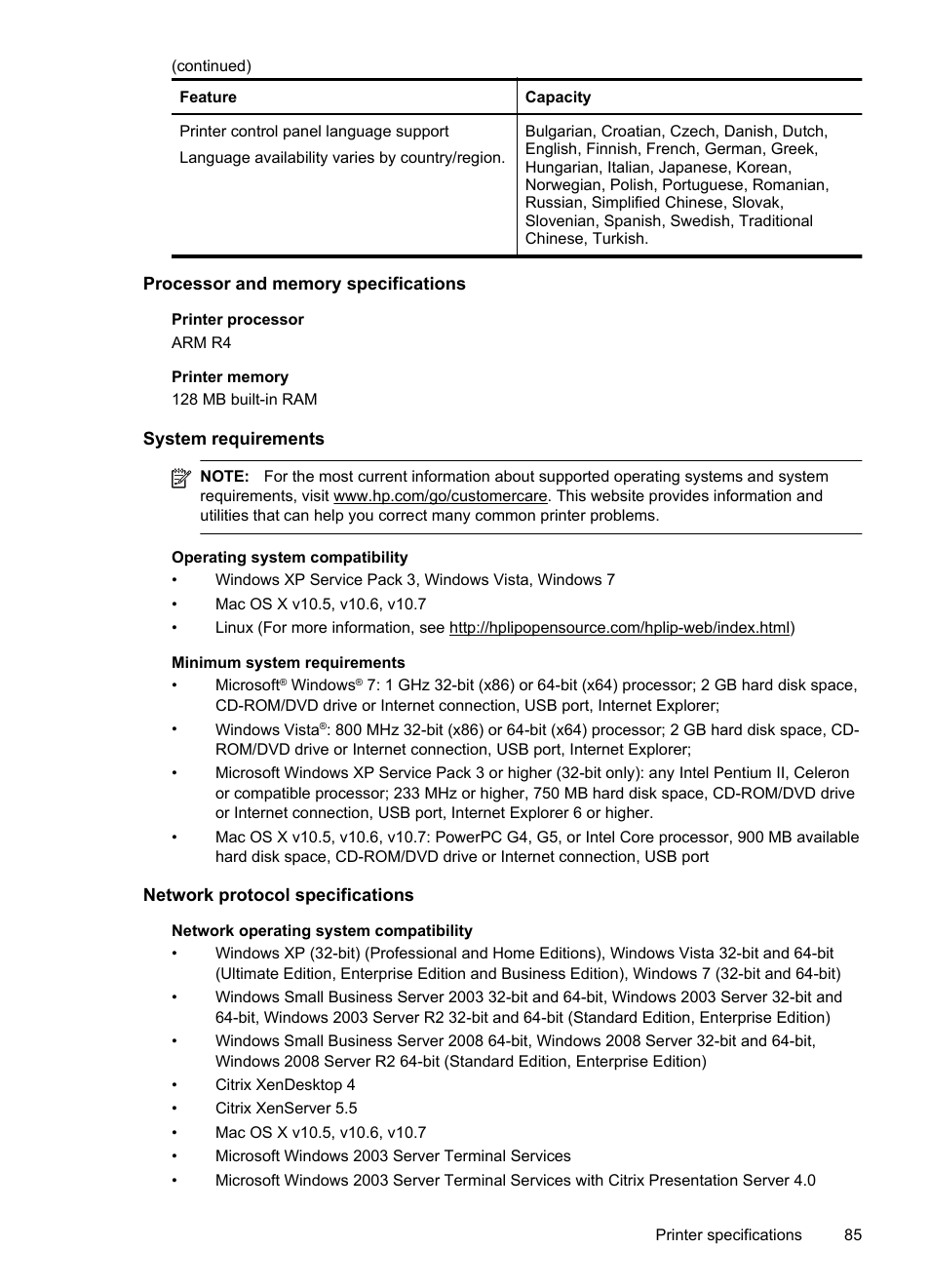 Processor and memory specifications, System requirements, Network protocol specifications | E system requirements | HP Officejet 6100 User Manual | Page 89 / 138