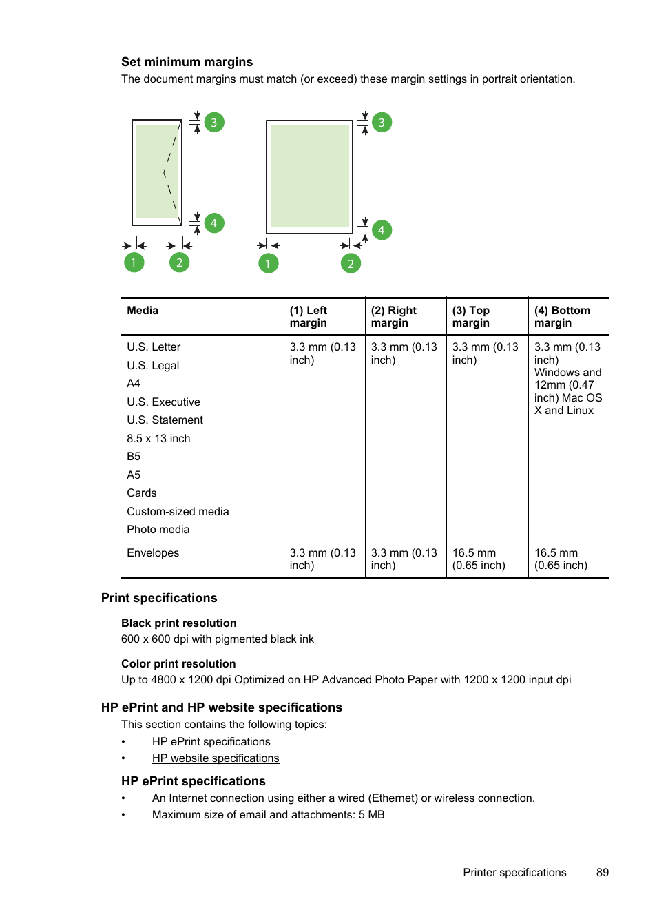 Set minimum margins, Print specifications, Hp eprint and hp website specifications | Hp eprint specifications, See hp eprint specifications | HP Officejet 6100 User Manual | Page 93 / 138