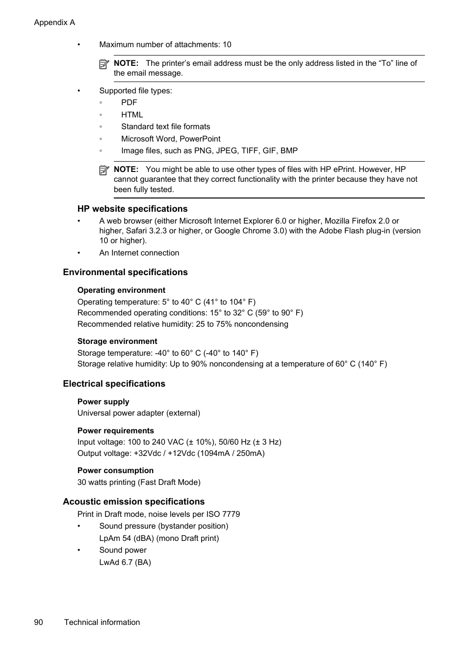Hp website specifications, Environmental specifications, Electrical specifications | Acoustic emission specifications, E hp website specifications | HP Officejet 6100 User Manual | Page 94 / 138