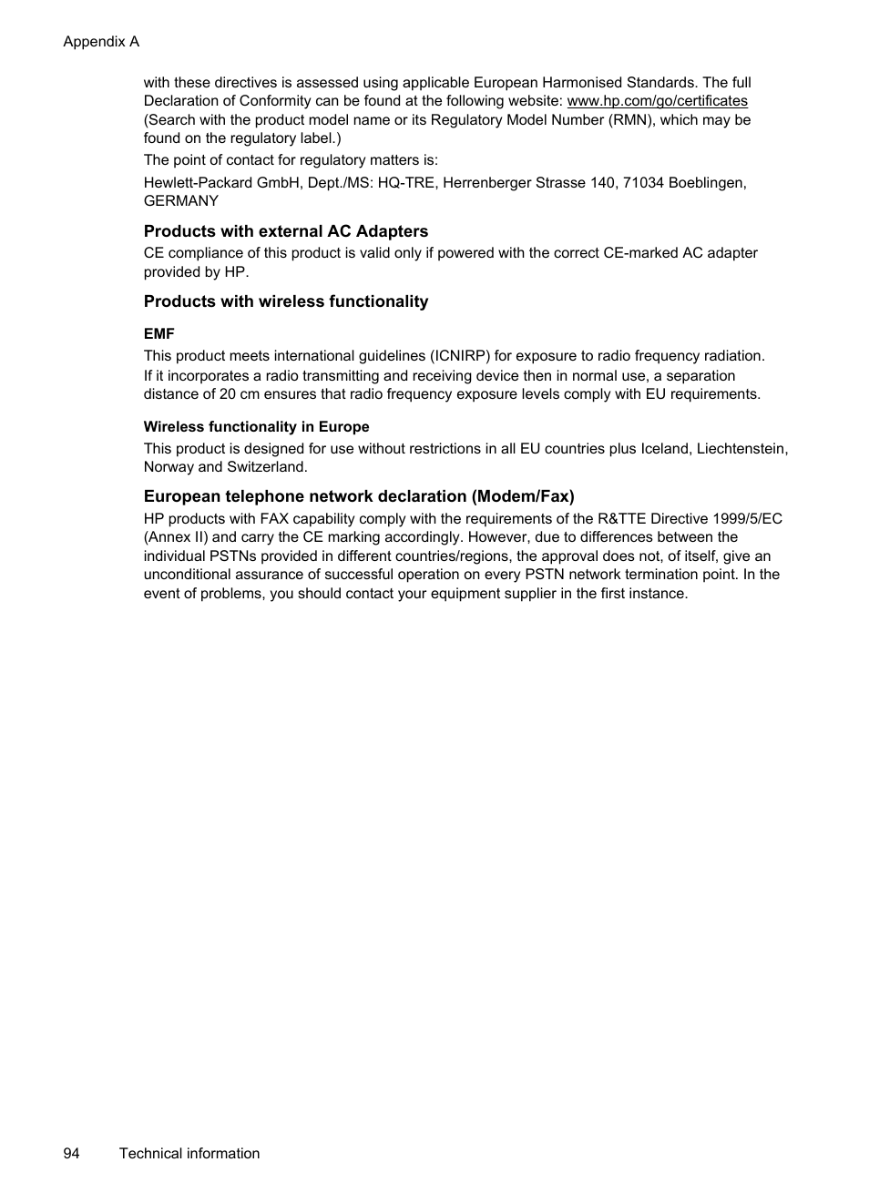 Products with external ac adapters, Products with wireless functionality, European telephone network declaration (modem/fax) | HP Officejet 6100 User Manual | Page 98 / 138