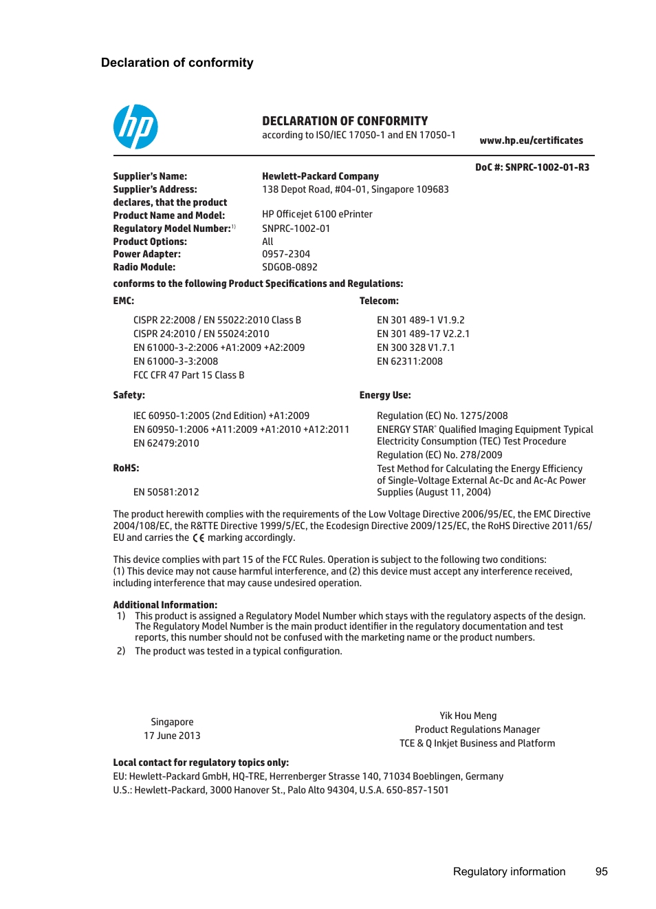 Declaration of conformity | HP Officejet 6100 User Manual | Page 99 / 138