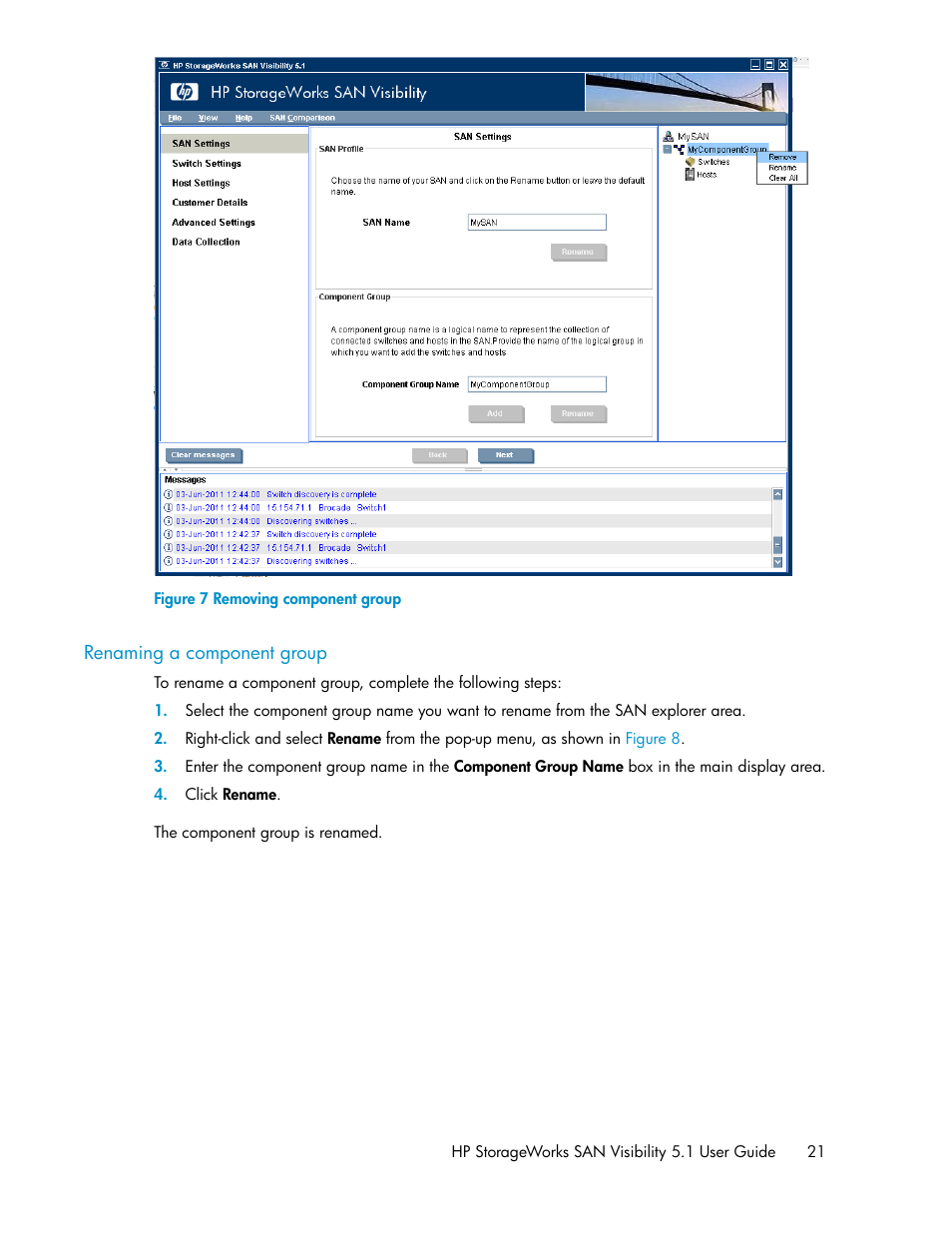 Renaming a component group, Removing component group | HP SAN User Manual | Page 21 / 64