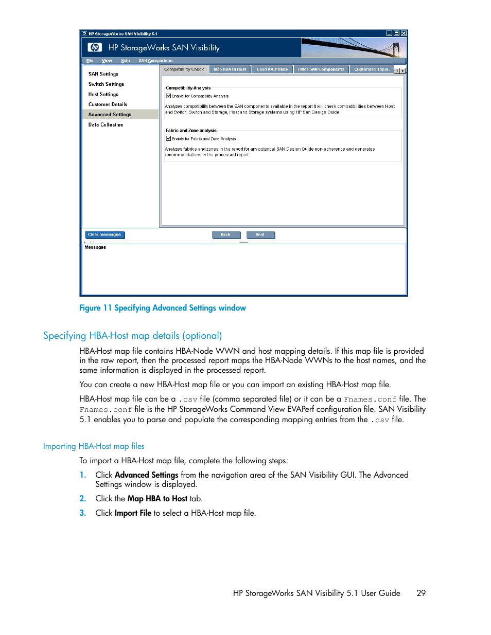 Specifying hba-host map details (optional), Importing hba-host map files, Specifying advanced settings window | Figure 11 | HP SAN User Manual | Page 29 / 64