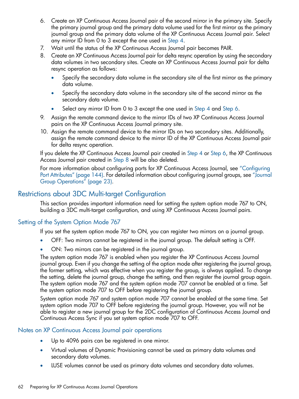 Restrictions about 3dc multi-target configuration, Setting of the system option mode 767 | HP StorageWorks XP Remote Web Console Software User Manual | Page 62 / 245