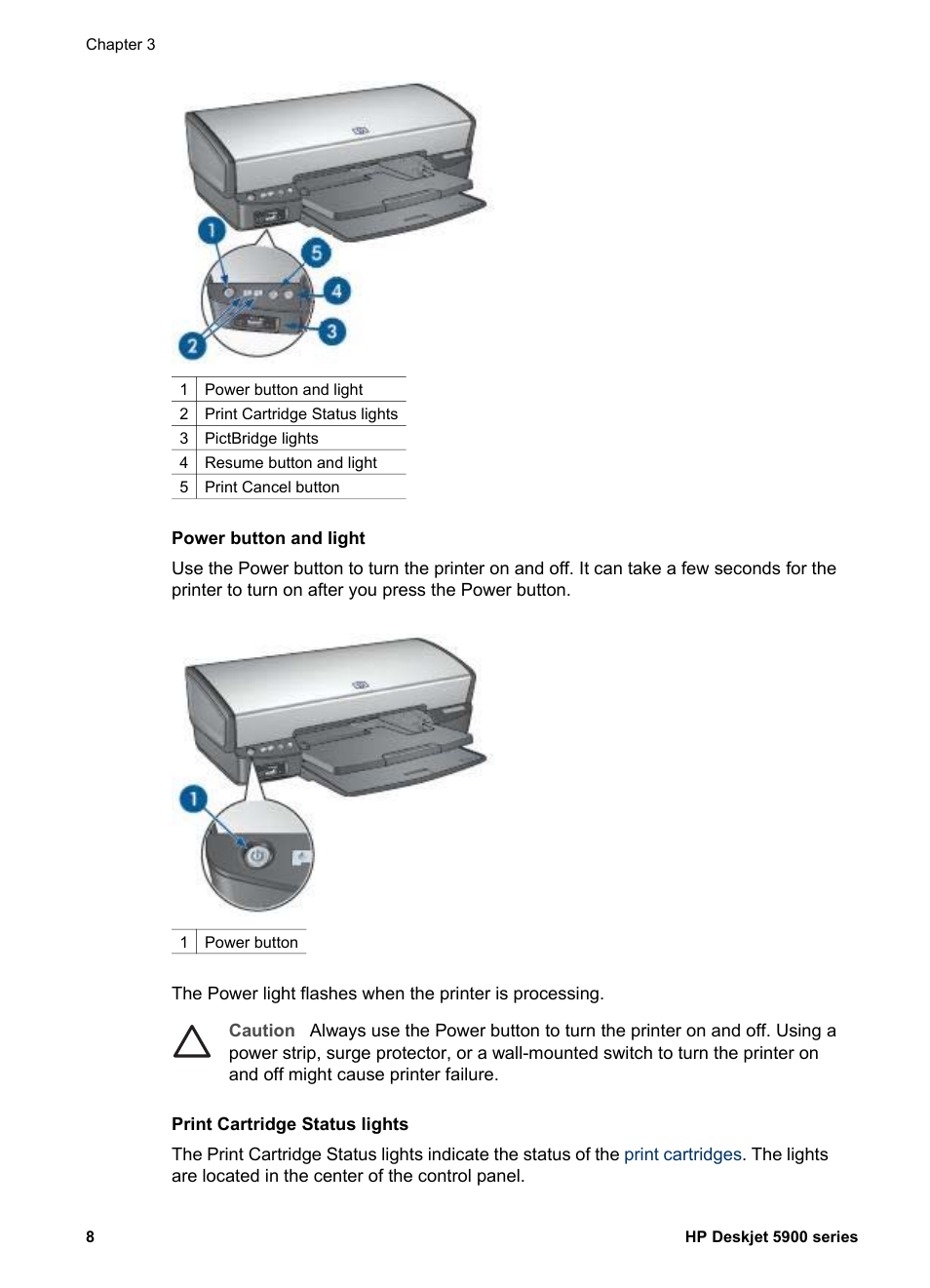 Print cartridge status lights | HP Deskjet 5943 Photo Printer User Manual | Page 10 / 102