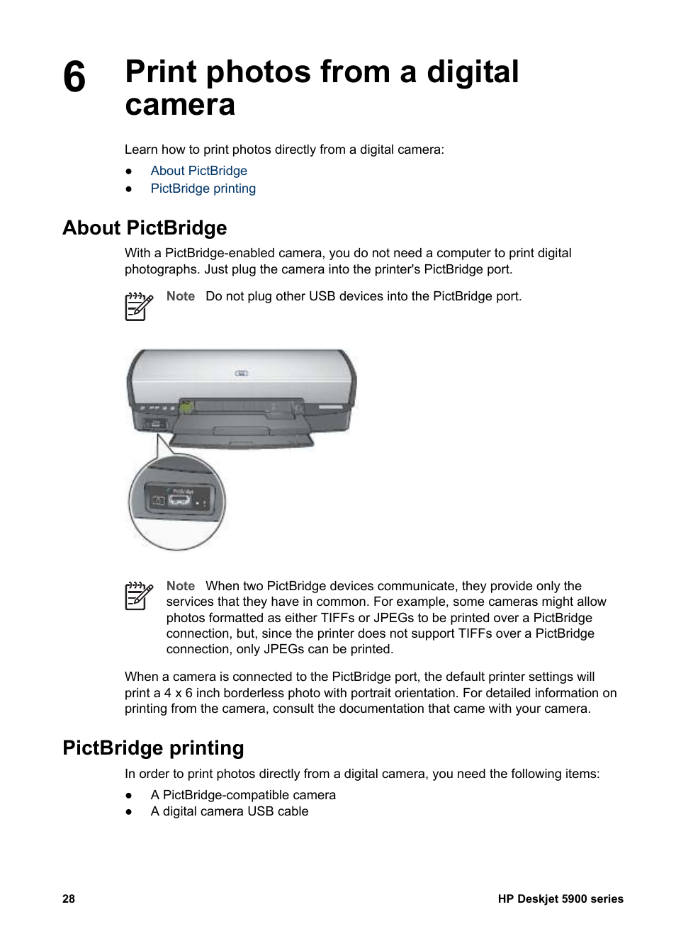 Print photos from a digital camera, About pictbridge, Pictbridge printing | Pictbridge, Pictbridge port | HP Deskjet 5943 Photo Printer User Manual | Page 30 / 102