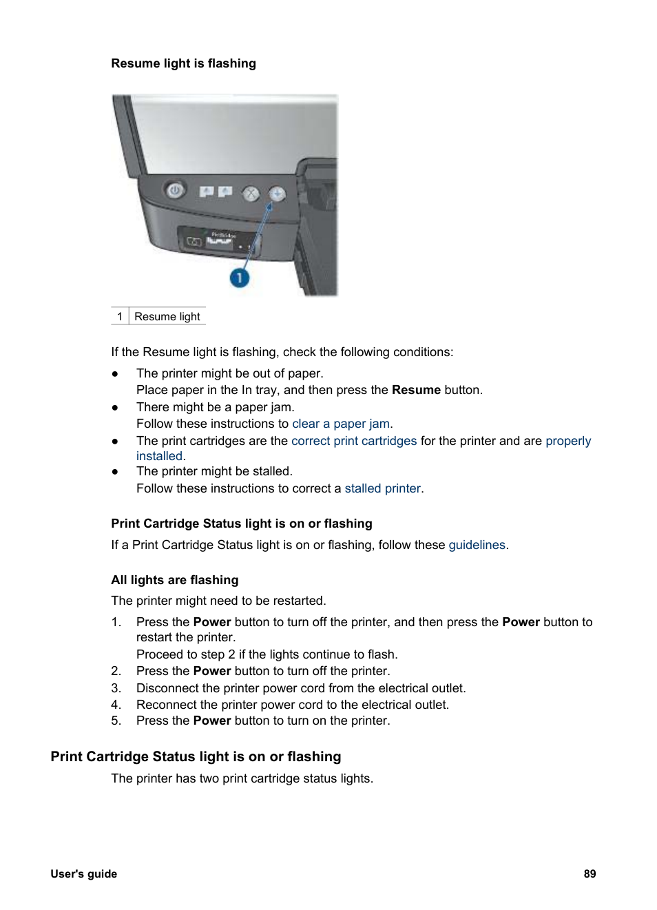 Print cartridge status light is on or flashing | HP Deskjet 5943 Photo Printer User Manual | Page 91 / 102