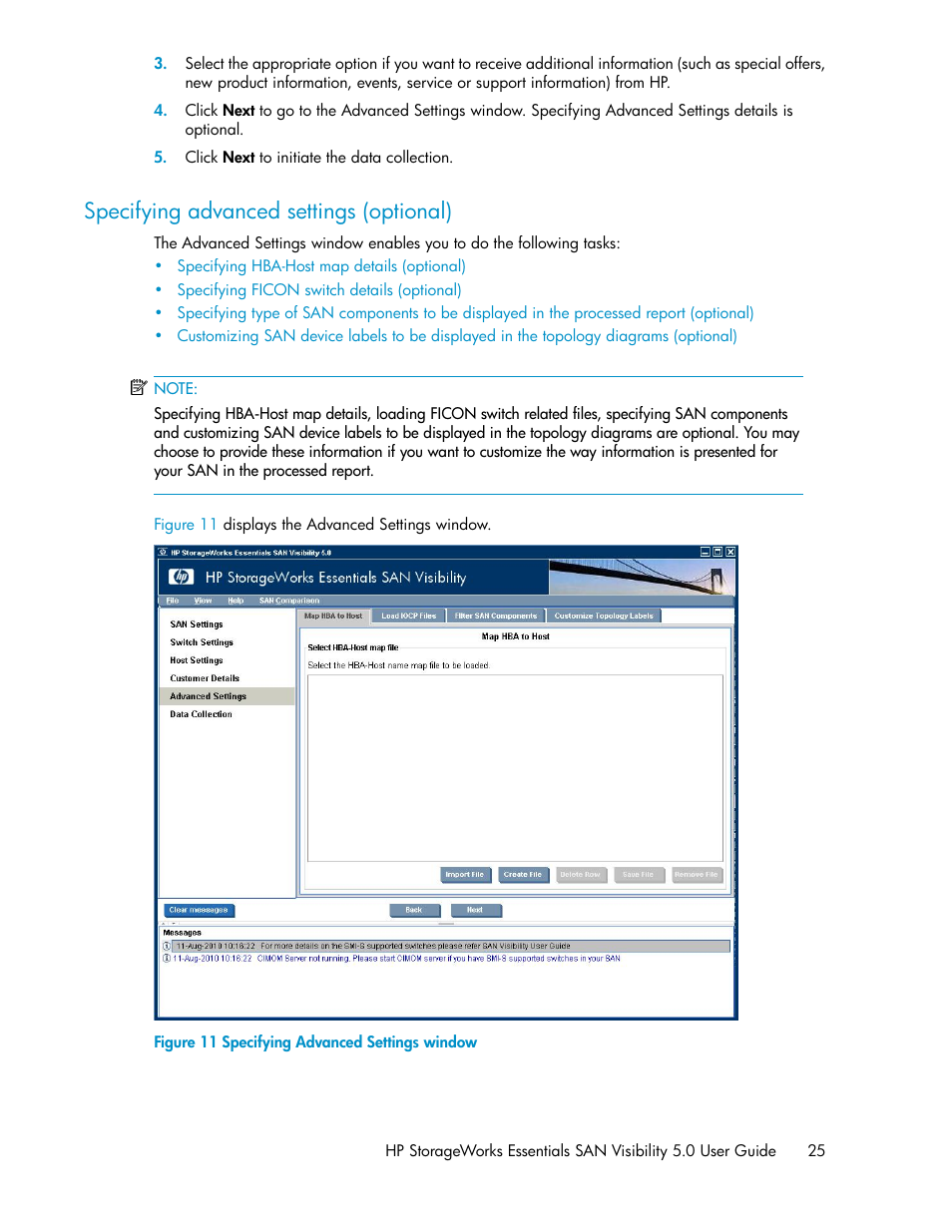 Specifying advanced settings (optional), Specifying advanced settings window | HP SAN User Manual | Page 25 / 58