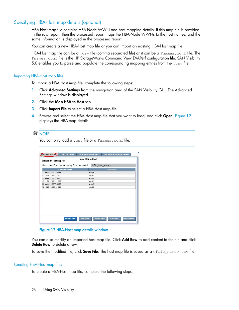 Specifying hba-host map details (optional), Importing hba-host map files, Creating hba-host map files | Hba-host map details window | HP SAN User Manual | Page 26 / 58