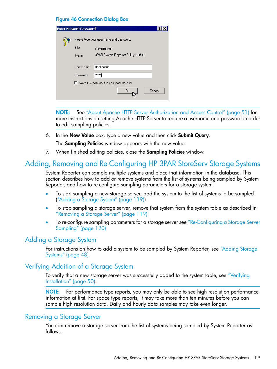 Adding a storage system, Verifying addition of a storage system, Removing a storage server | Figure 46 | HP 3PAR System Reporter Software User Manual | Page 119 / 239
