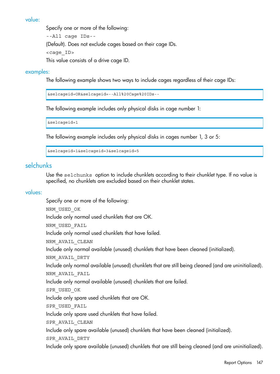 Value, Examples, Selchunks | Values, Value: examples | HP 3PAR System Reporter Software User Manual | Page 147 / 239