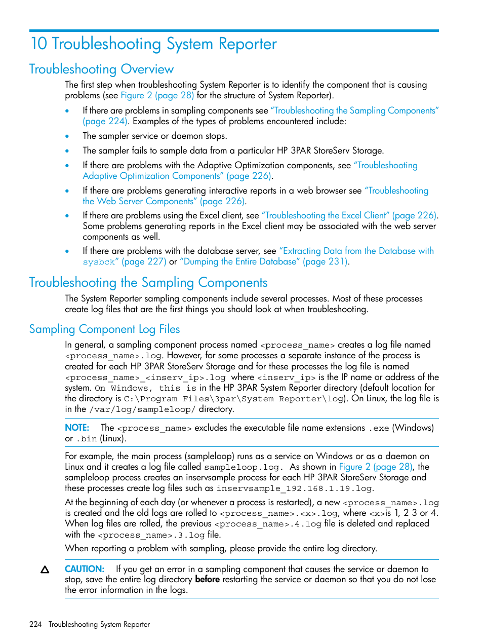 10 troubleshooting system reporter, Troubleshooting overview, Troubleshooting the sampling components | Sampling component log files, Troubleshooting the | HP 3PAR System Reporter Software User Manual | Page 224 / 239