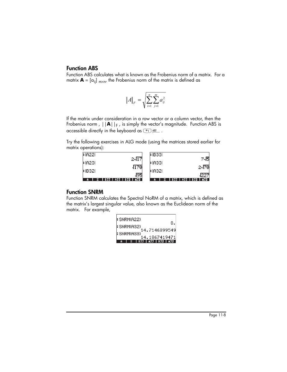Function abs, Function snrm, Function abs ,11-8 function snrm ,11-8 | HP 50g Graphing Calculator User Manual | Page 335 / 887