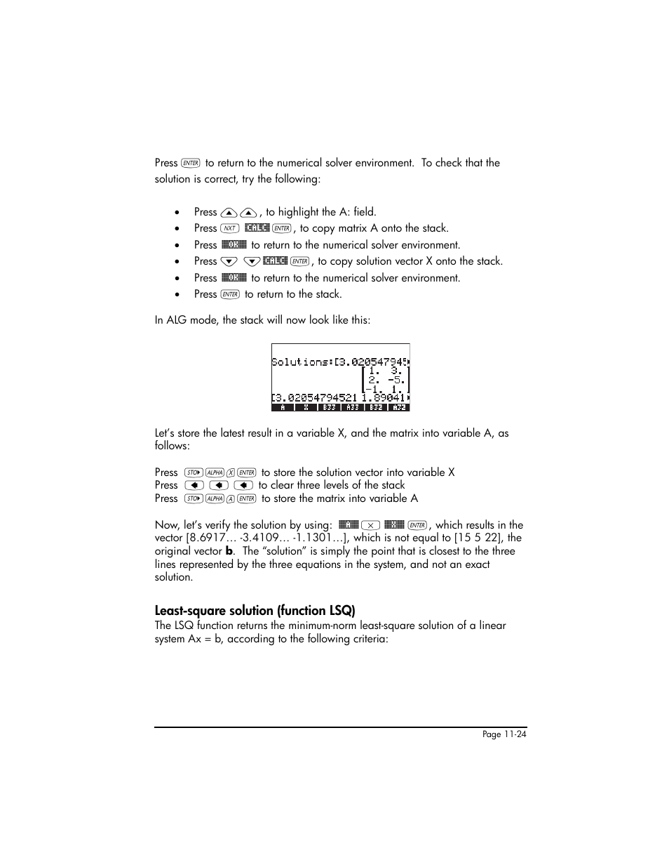 Least-square solution (function lsq), Least-square solution (function lsq) ,11-24 | HP 50g Graphing Calculator User Manual | Page 351 / 887