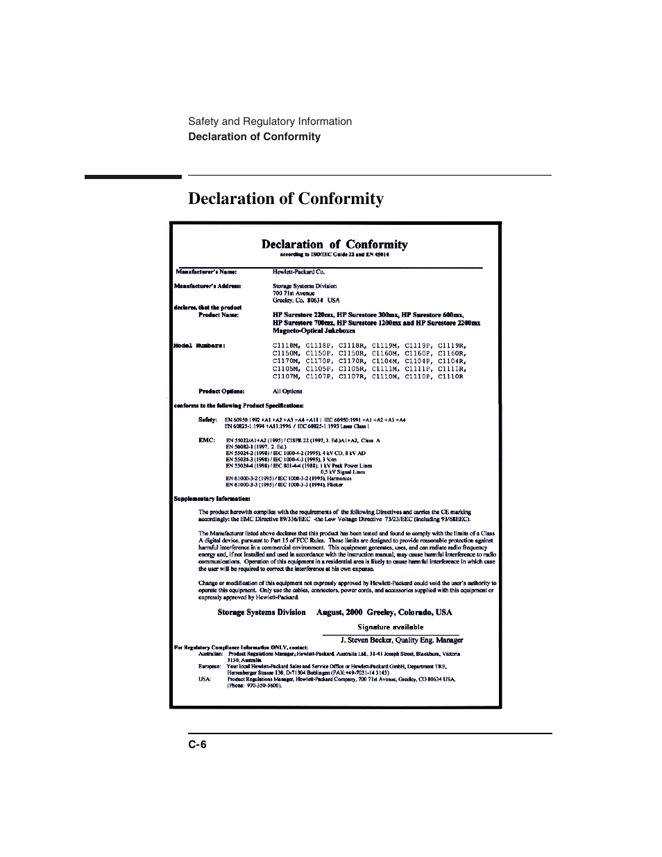 Declaration of conformity | HP Optical Jukeboxes User Manual | Page 112 / 120