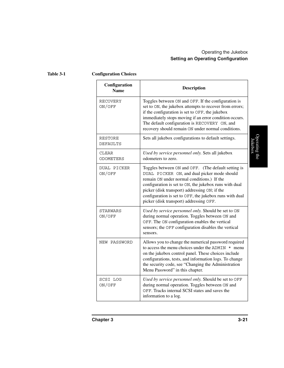 Configurations:listing of, Table, Table heading | Table row, Configuration name, Description, Table body, Recovery on/off, Restore defaults, Clear odometers | HP Optical Jukeboxes User Manual | Page 61 / 120