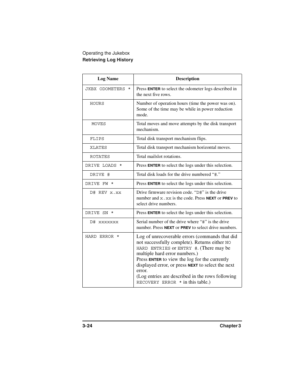 Table row, Jkbx odometers, Hours | Moves, Flips, Total disk transport mechanism flips, Xlates, Total disk transport mechanism horizontal moves, Rotates, Total mailslot rotations | HP Optical Jukeboxes User Manual | Page 64 / 120