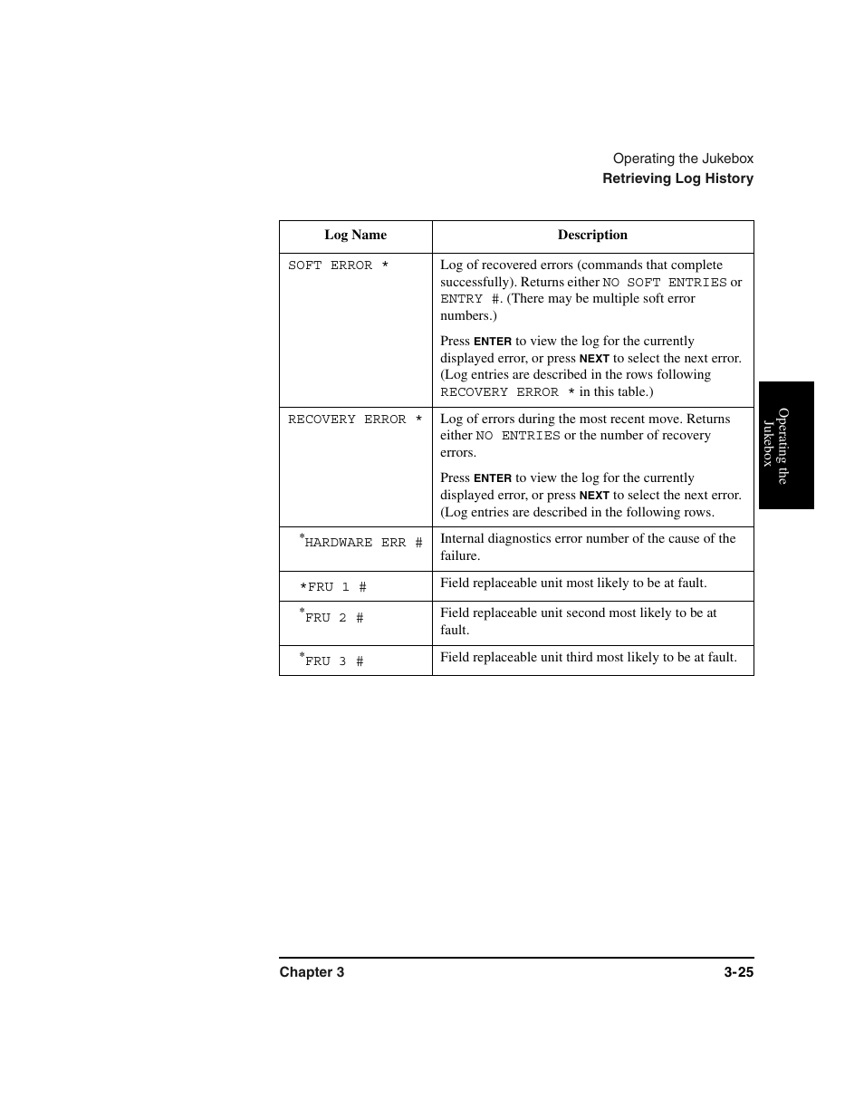 Table row, Soft error, Press | Recovery error, Hardware err, Fru 1, Field replaceable unit most likely to be at fault, Fru 2, Fru 3 | HP Optical Jukeboxes User Manual | Page 65 / 120