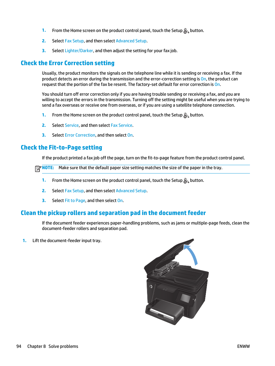 Check the error correction setting, Check the fit-to-page setting | HP Color LaserJet Pro MFP M177fw User Manual | Page 104 / 120