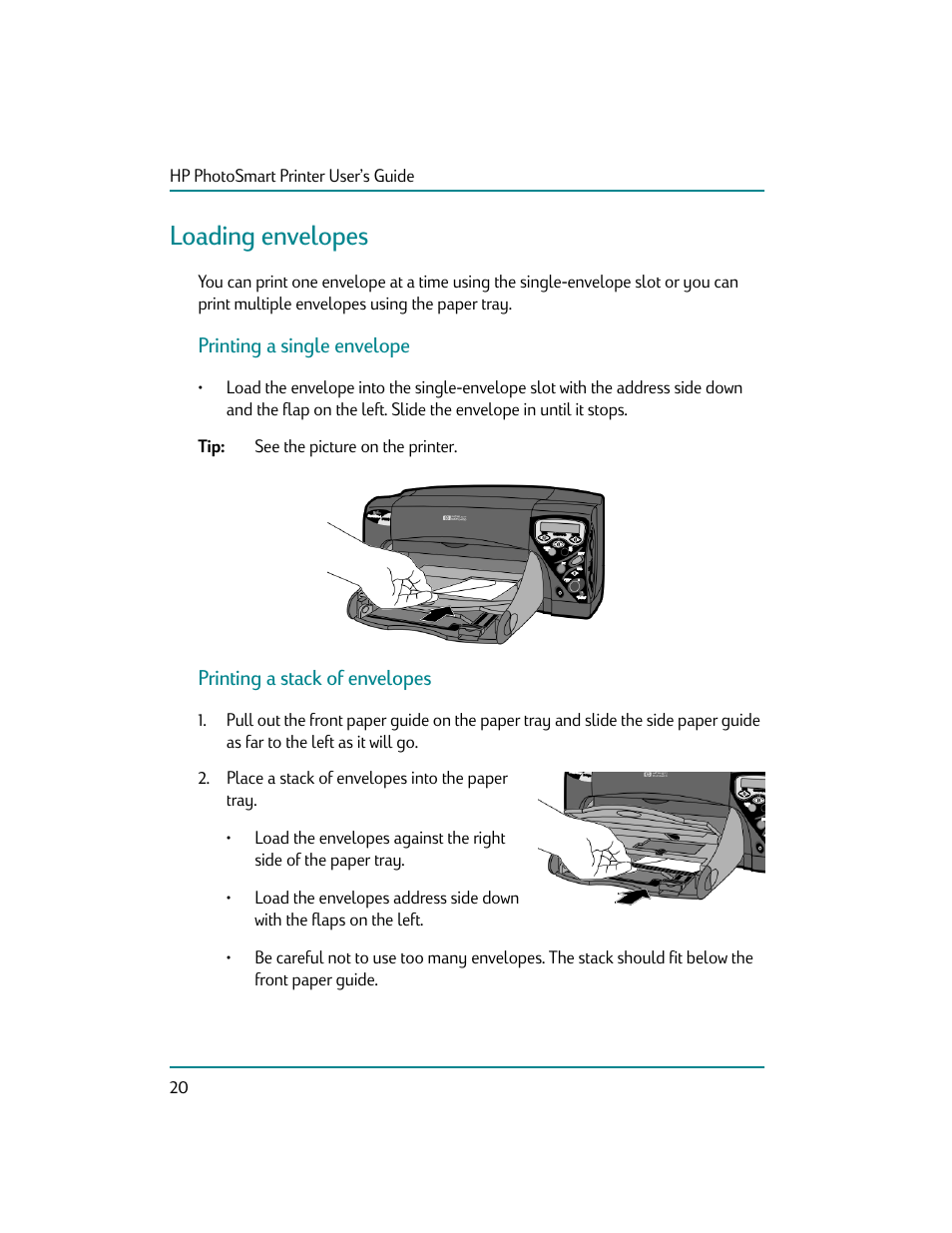 Loading envelopes, Printing a single envelope, Printing a stack of envelopes | HP Photosmart p1000 1000 Printer User Manual | Page 26 / 70