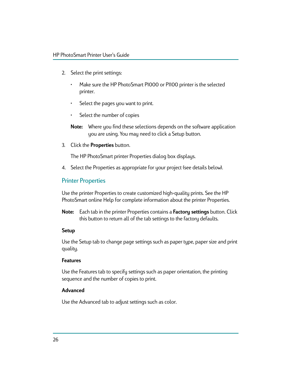 Printer properties, Setup, Features | Advanced | HP Photosmart p1000 1000 Printer User Manual | Page 32 / 70