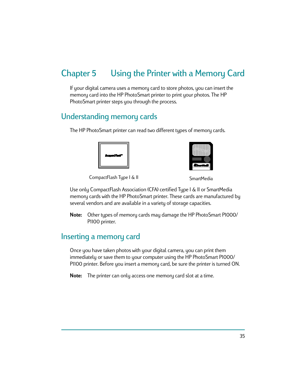 Chapter 5 using the printer with a memory card, Understanding memory cards, Inserting a memory card | HP Photosmart p1000 1000 Printer User Manual | Page 41 / 70
