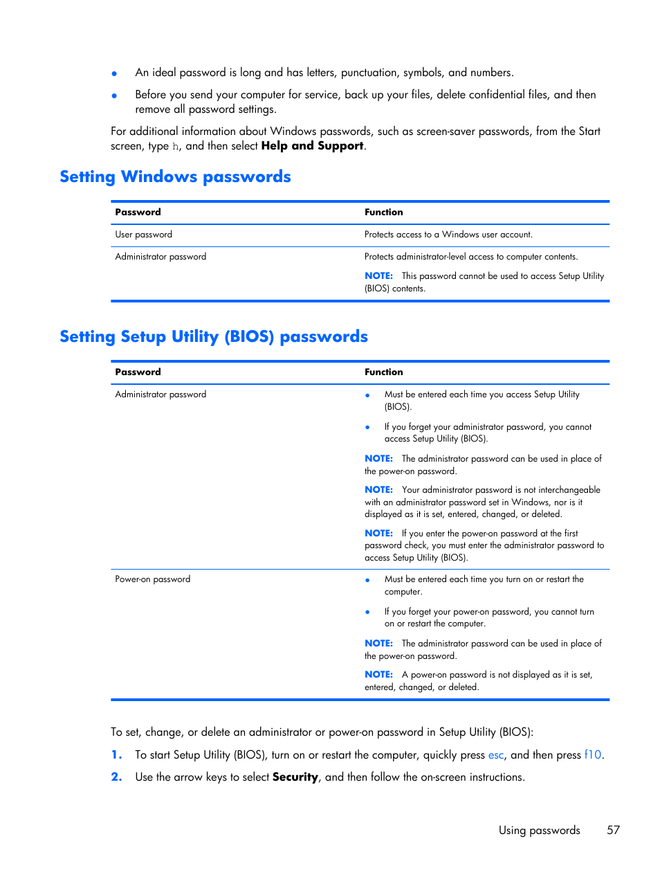 Setting windows passwords, Setting setup utility (bios) passwords | HP Pavilion Sleekbook 15-b041dx User Manual | Page 67 / 86