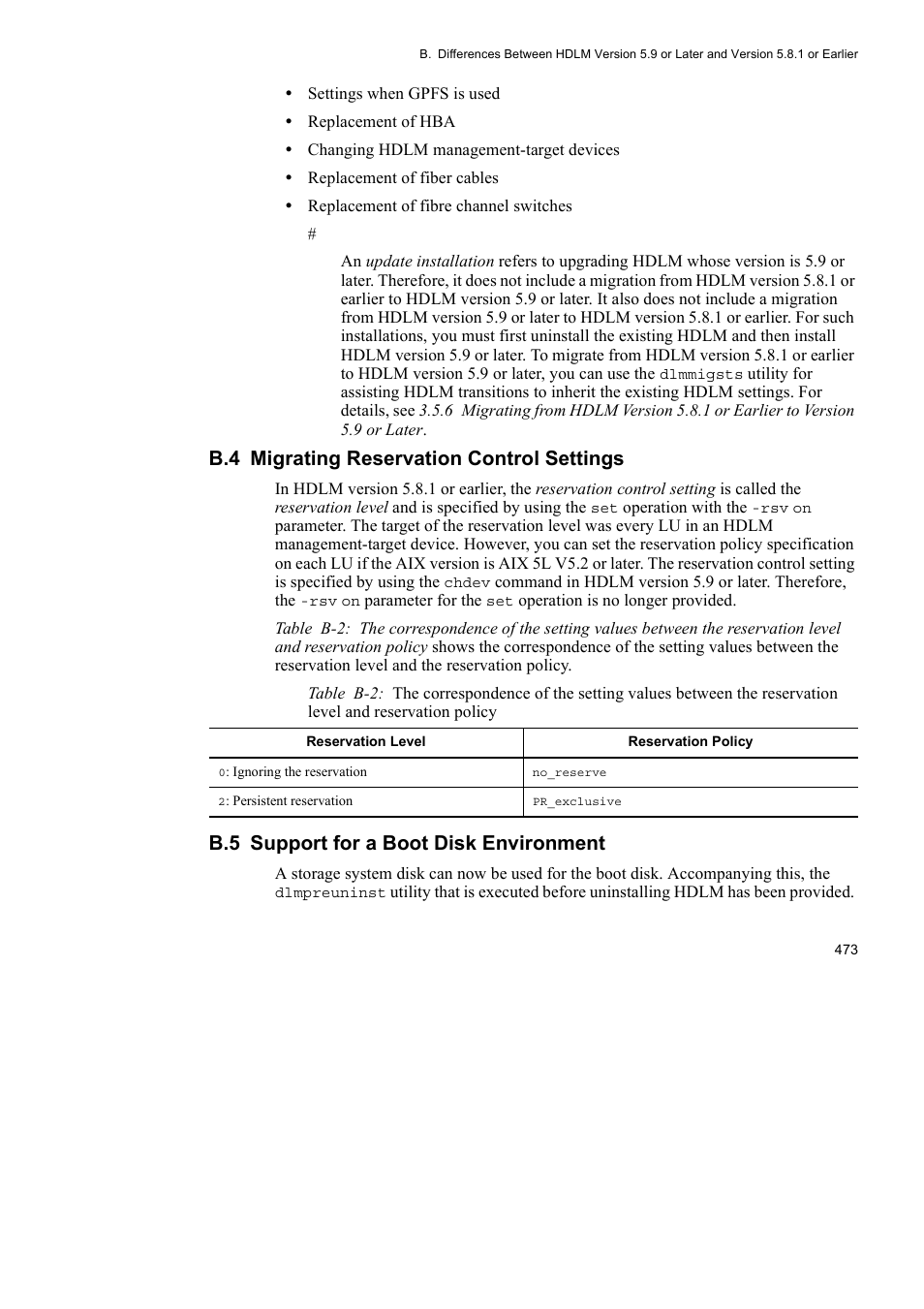 B.4 migrating reservation control settings, B.5 support for a boot disk environment | HP Hitachi Dynamic Link Manager Software User Manual | Page 495 / 510