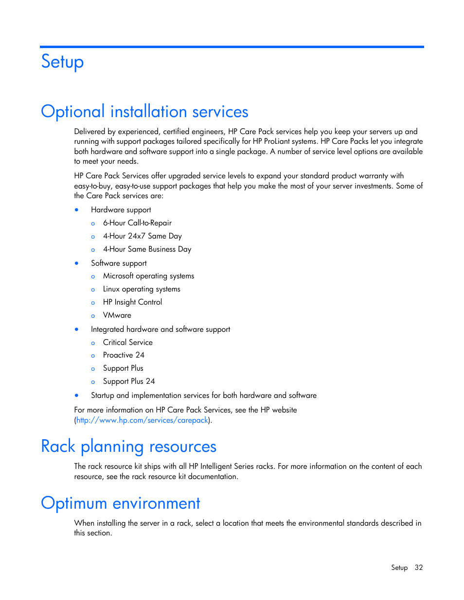 Setup, Optional installation services, Rack planning resources | Optimum environment | HP ProLiant DL580 Gen8 Server User Manual | Page 32 / 109