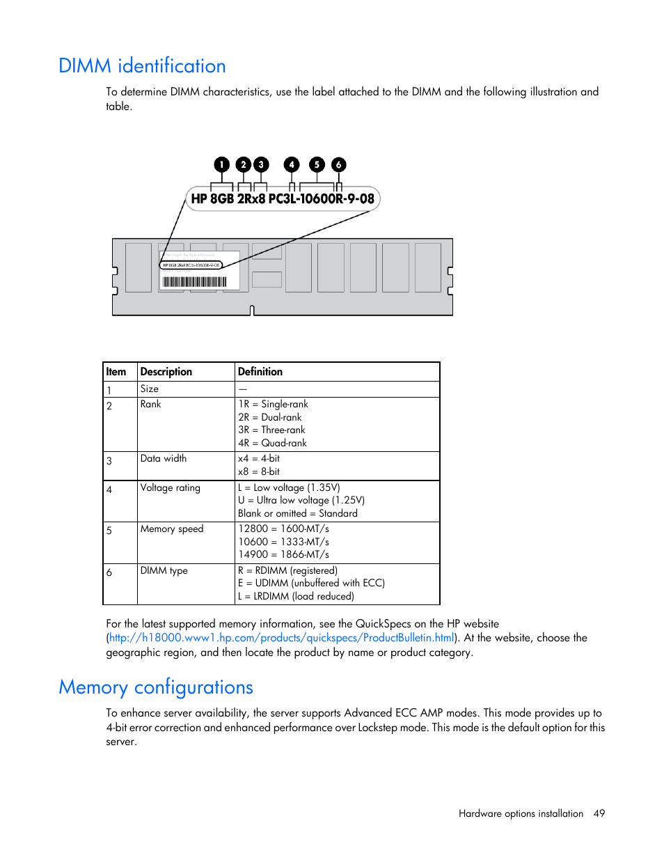 Dimm identification, Memory configurations | HP ProLiant DL580 Gen8 Server User Manual | Page 49 / 109