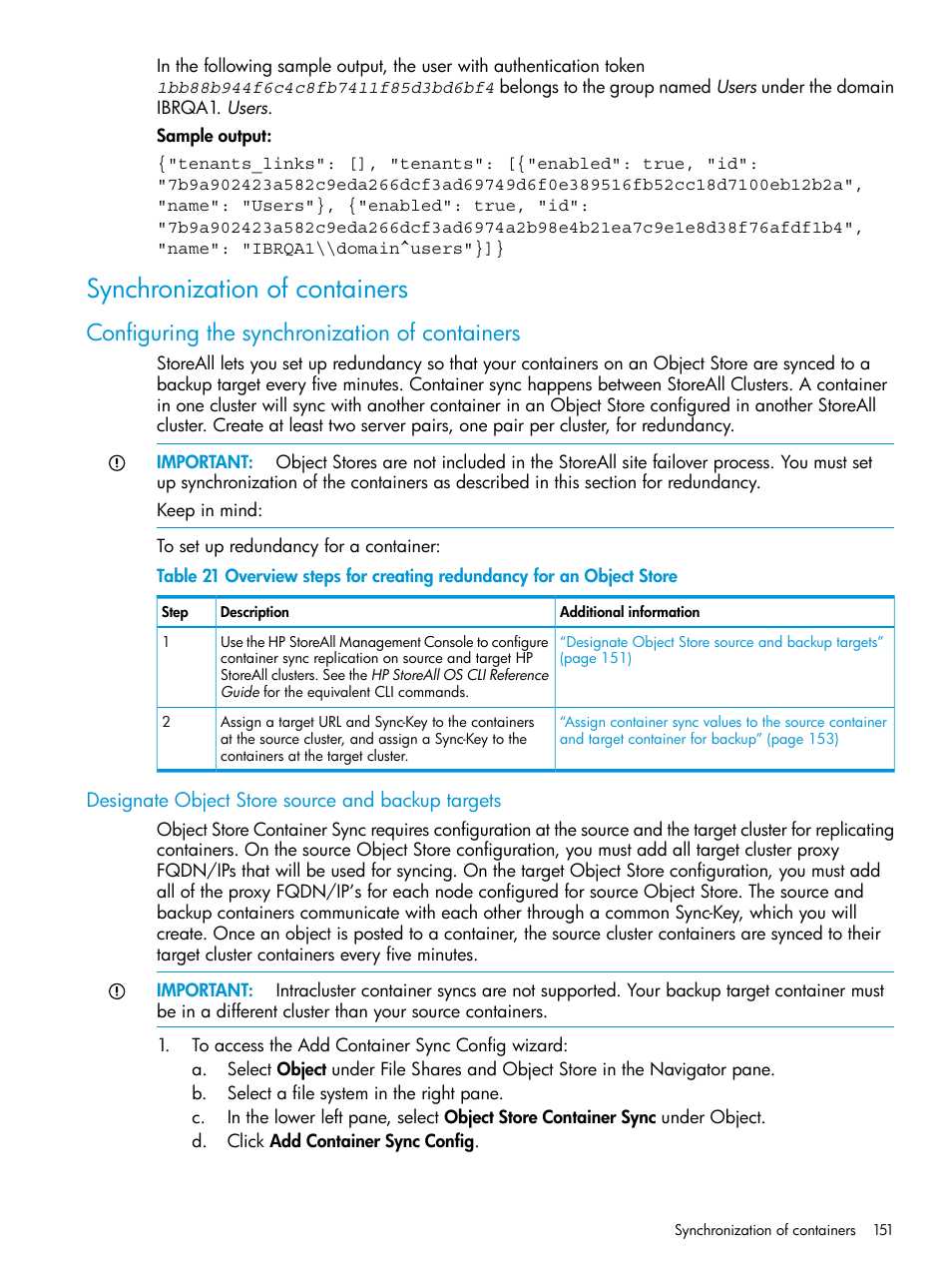 Synchronization of containers, Configuring the synchronization of containers, Designate object store source and backup targets | HP StoreAll Storage User Manual | Page 151 / 406