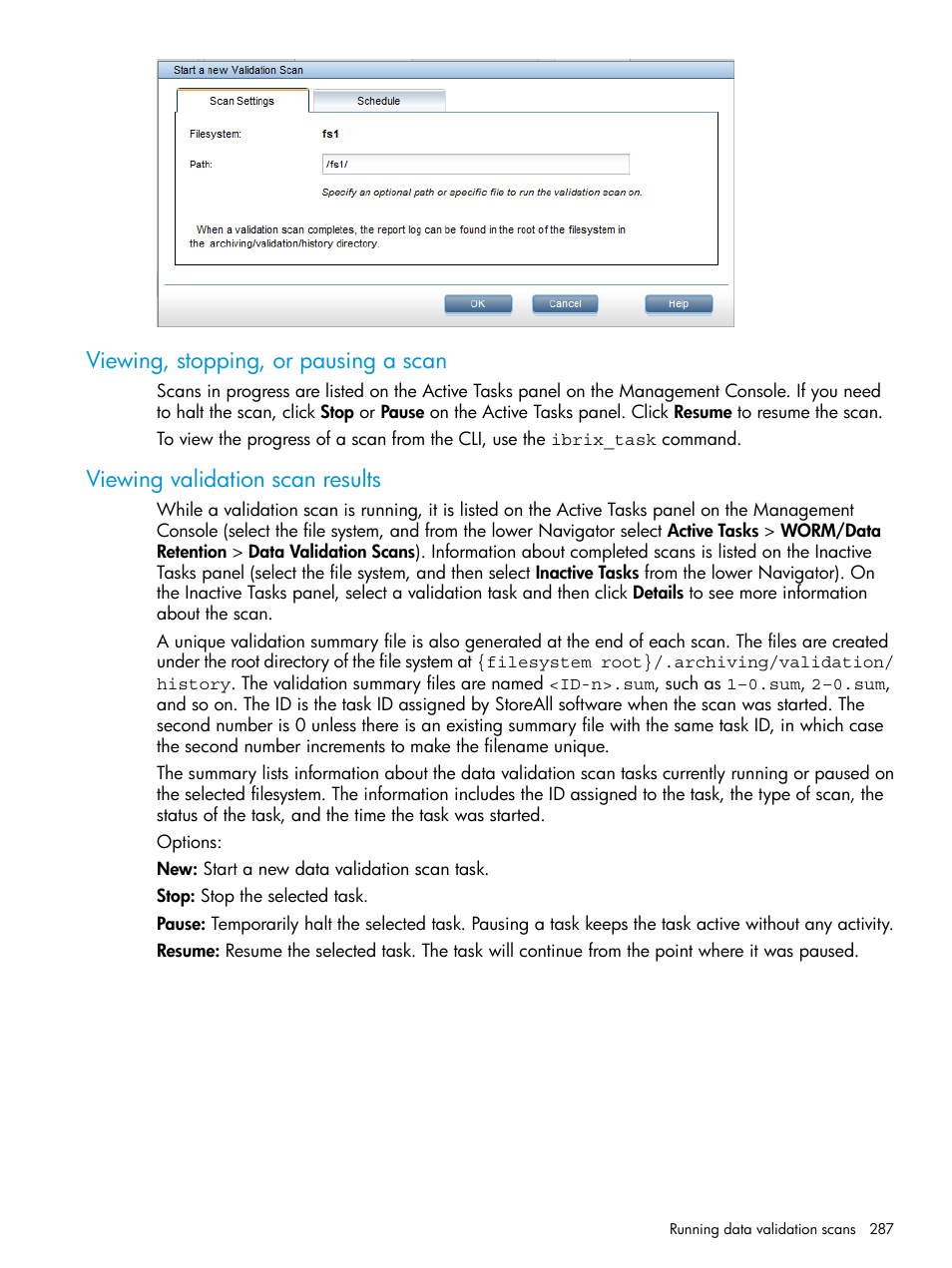 Viewing, stopping, or pausing a scan, Viewing validation scan results | HP StoreAll Storage User Manual | Page 287 / 406