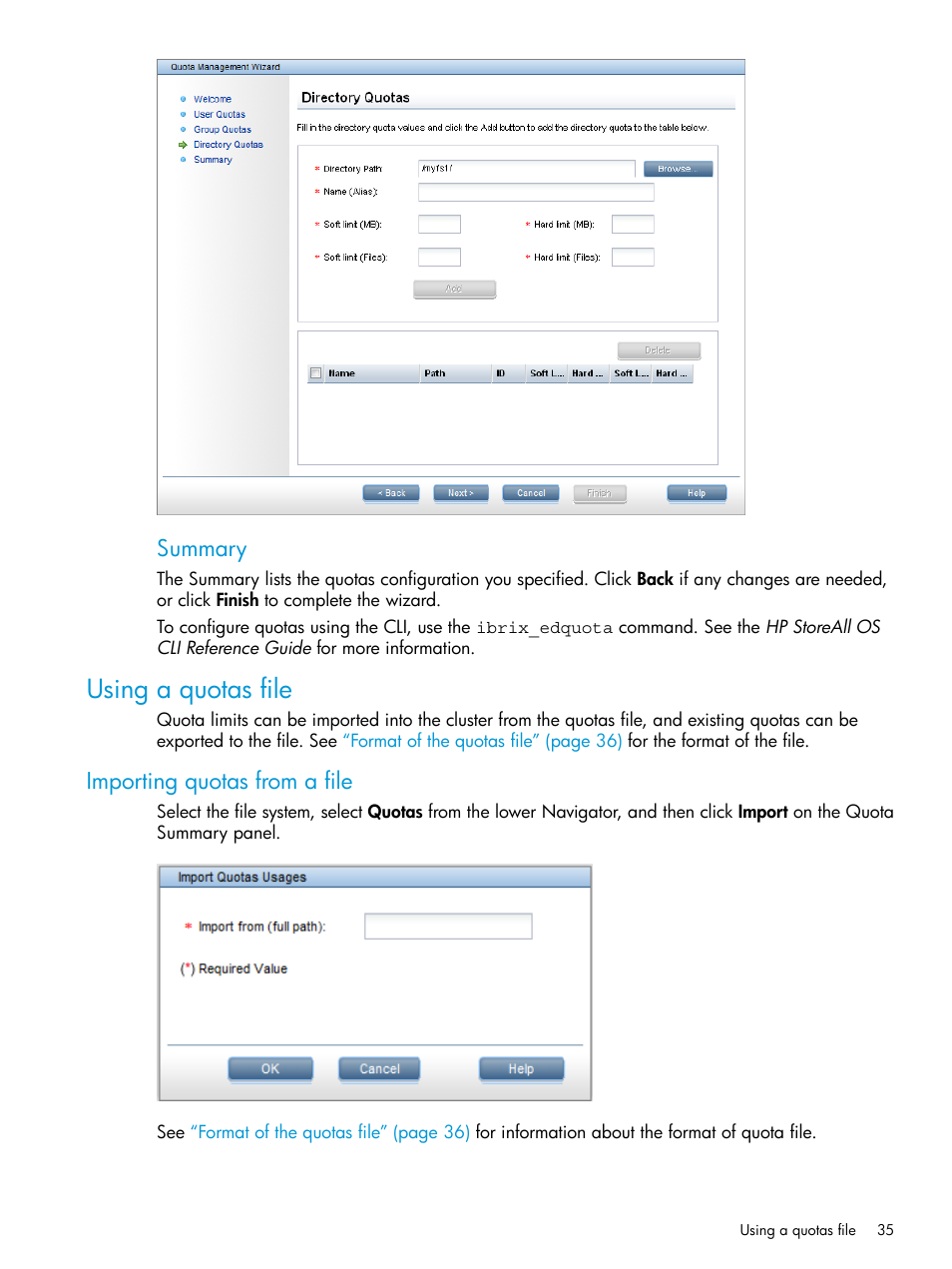Using a quotas file, Importing quotas from a file, Summary | HP StoreAll Storage User Manual | Page 35 / 406