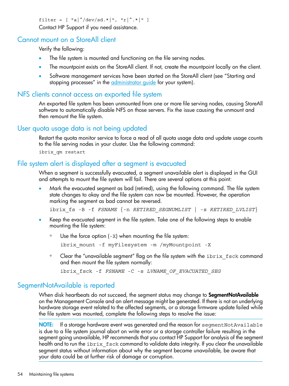 Cannot mount on a storeall client, Nfs clients cannot access an exported file system, User quota usage data is not being updated | Segmentnotavailable is reported | HP StoreAll Storage User Manual | Page 54 / 406