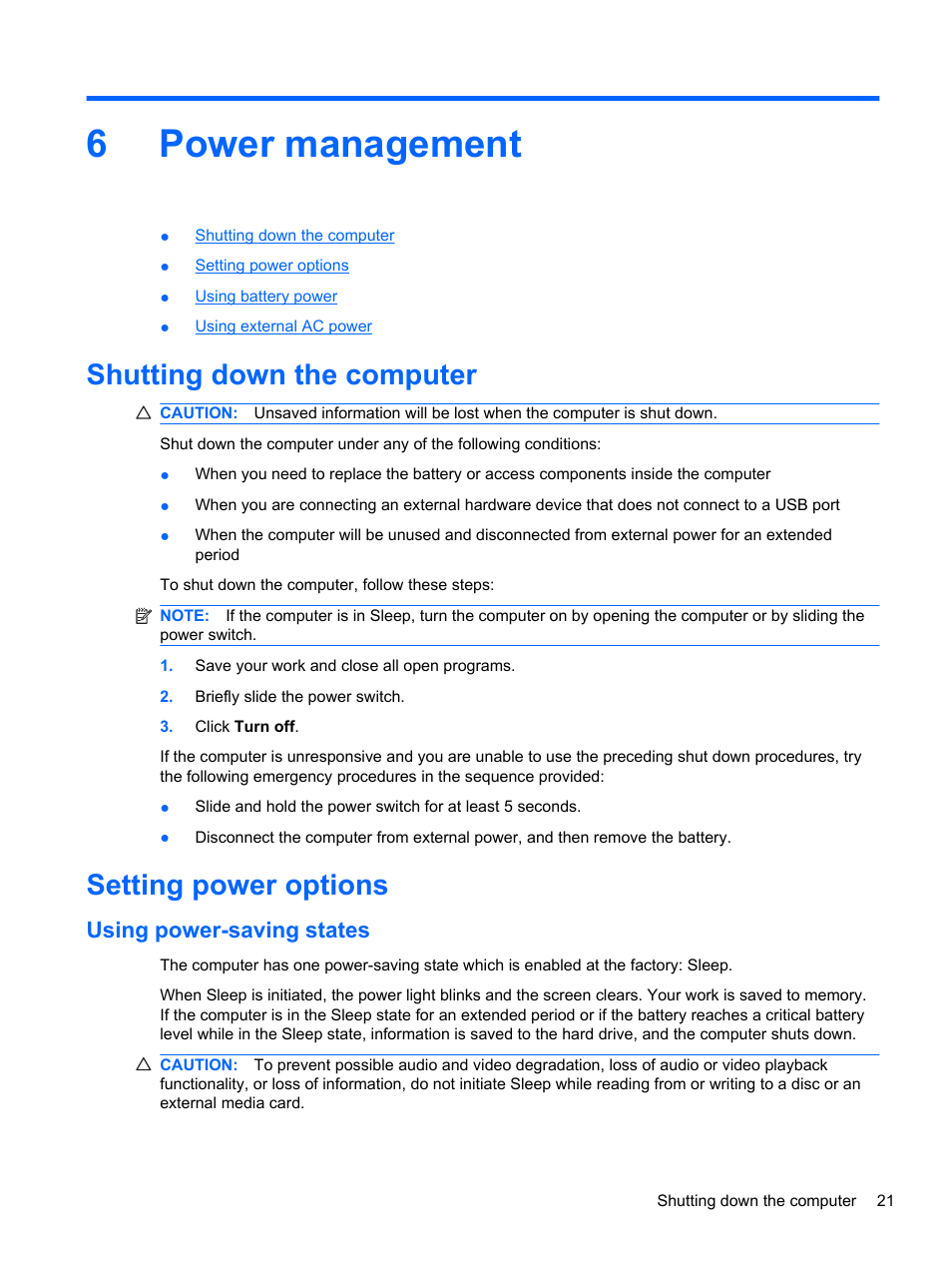 Power management, Shutting down the computer, Setting power options | Using power-saving states, 6 power management, Shutting down the computer setting power options, 6power management | HP Mini 210-2087dx PC User Manual | Page 29 / 67