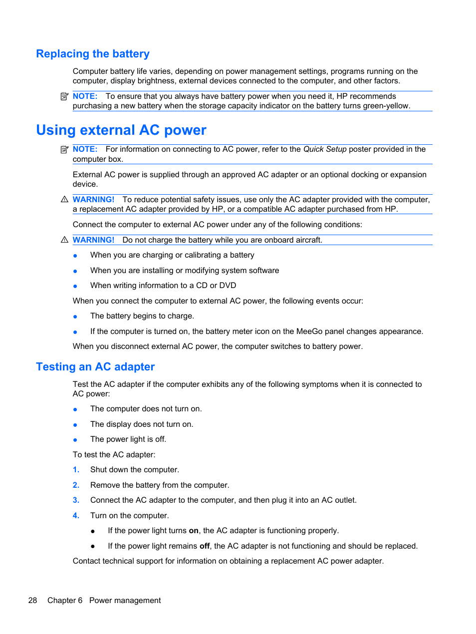 Replacing the battery, Using external ac power, Testing an ac adapter | HP Mini 210-2087dx PC User Manual | Page 36 / 67