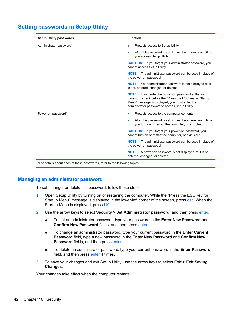 Setting passwords in setup utility, Managing an administrator password | HP Mini 210-2087dx PC User Manual | Page 50 / 67