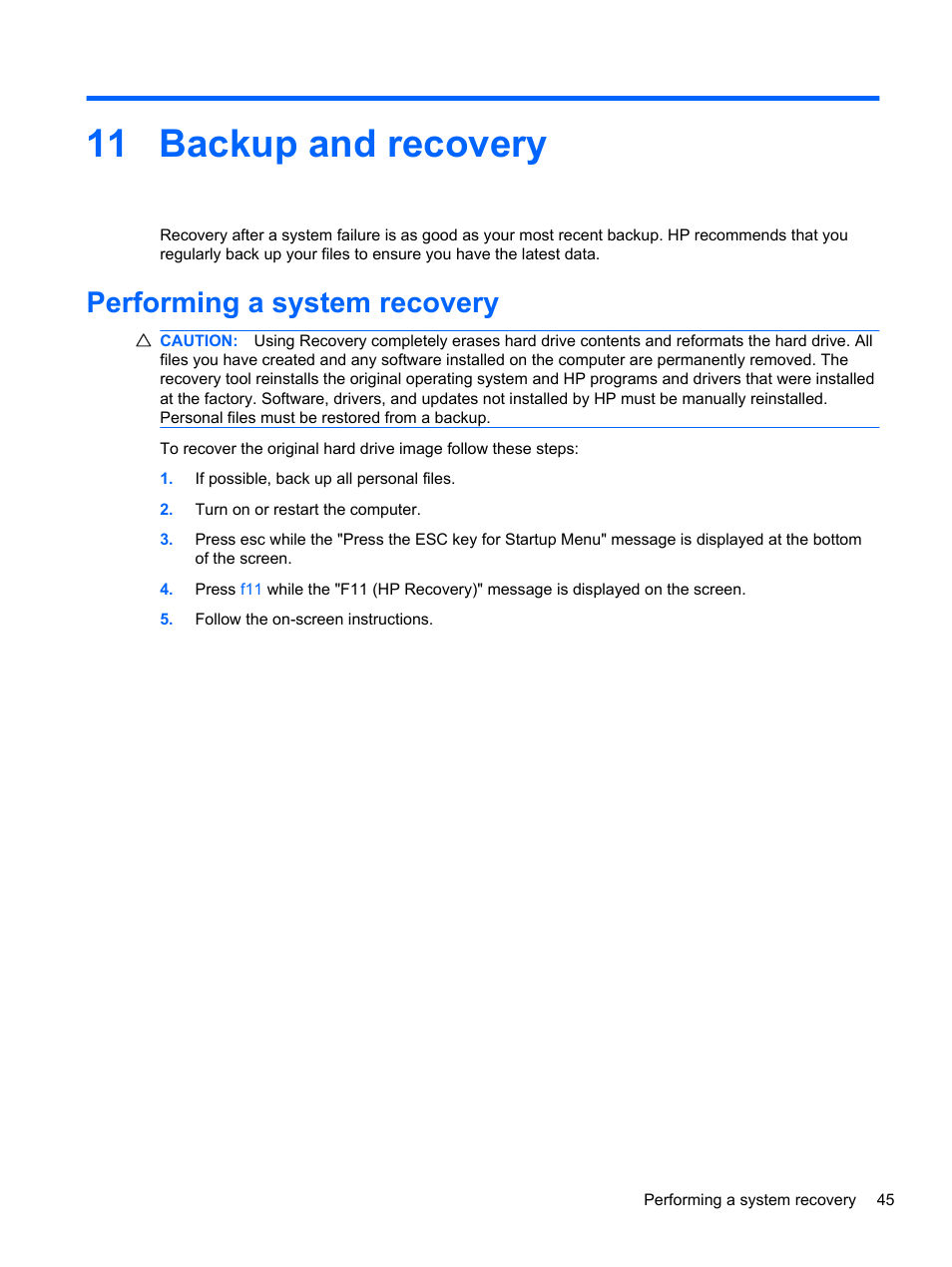 Backup and recovery, Performing a system recovery, 11 backup and recovery | HP Mini 210-2087dx PC User Manual | Page 53 / 67