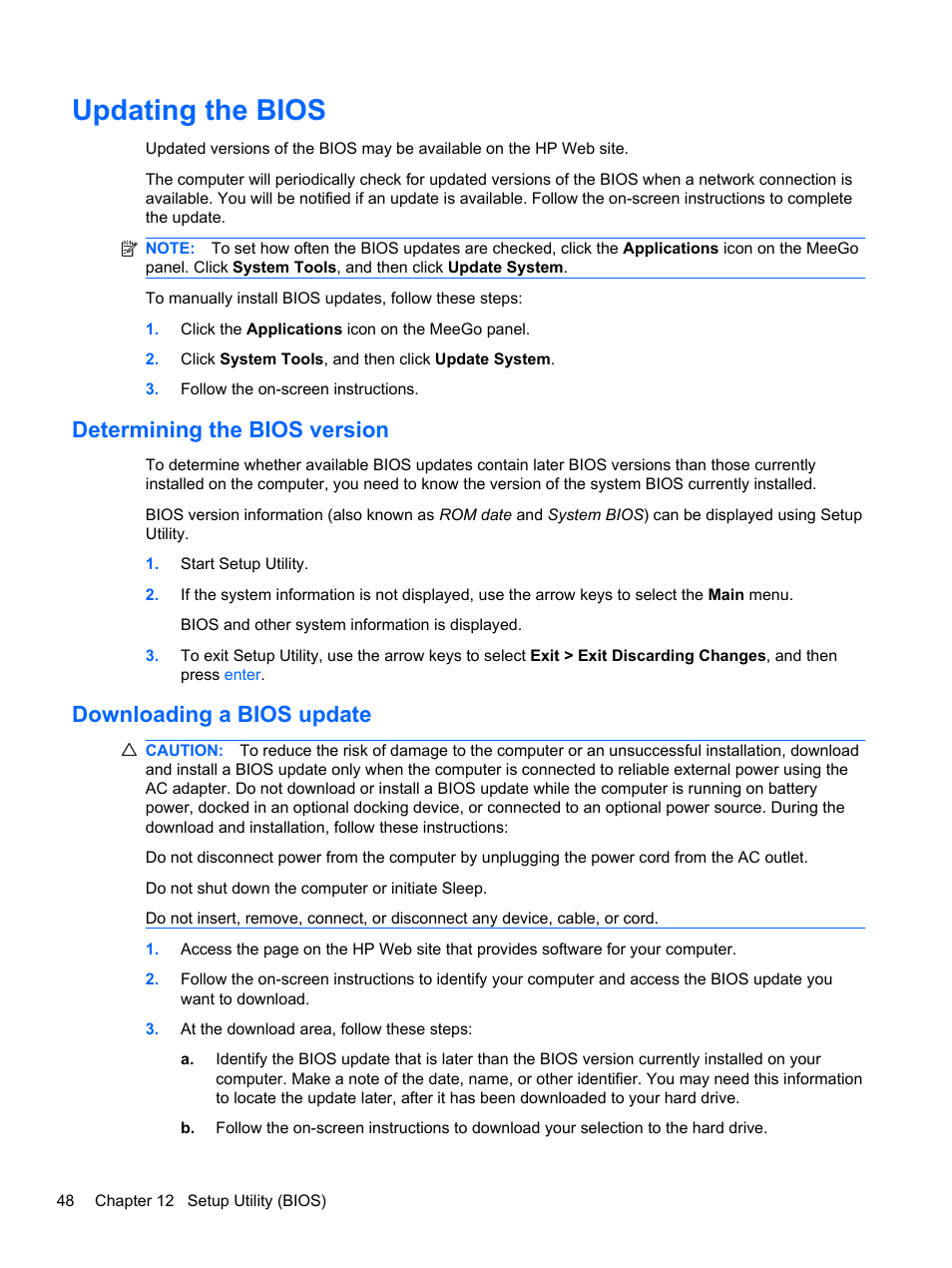 Updating the bios, Determining the bios version, Downloading a bios update | HP Mini 210-2087dx PC User Manual | Page 56 / 67