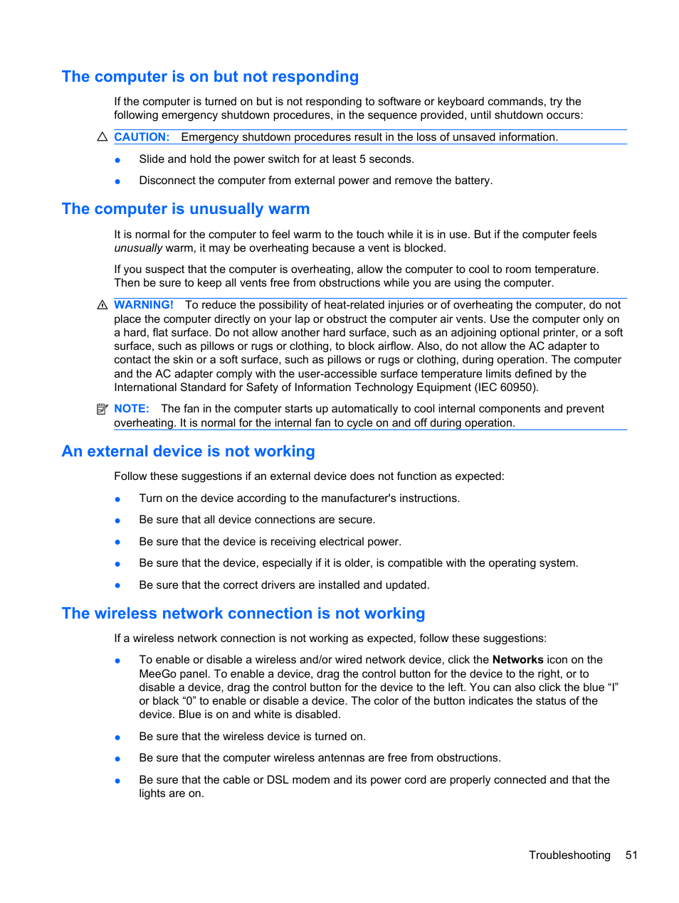 The computer is on but not responding, The computer is unusually warm, An external device is not working | The wireless network connection is not working, Section | HP Mini 210-2087dx PC User Manual | Page 59 / 67