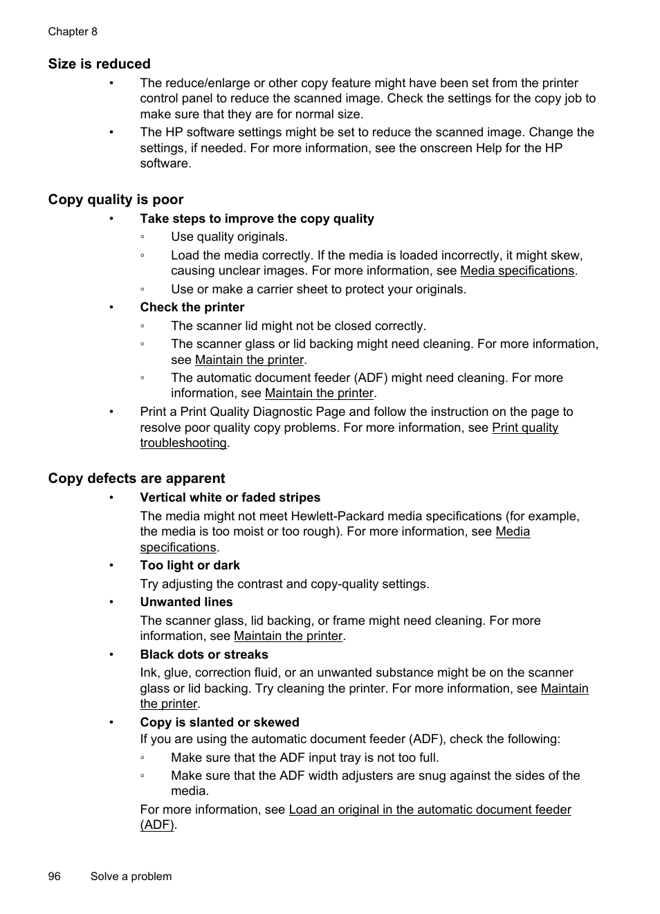 Size is reduced, Copy quality is poor, Copy defects are apparent | HP Officejet 6700 Premium e-All-in-One Printer - H711n User Manual | Page 100 / 224