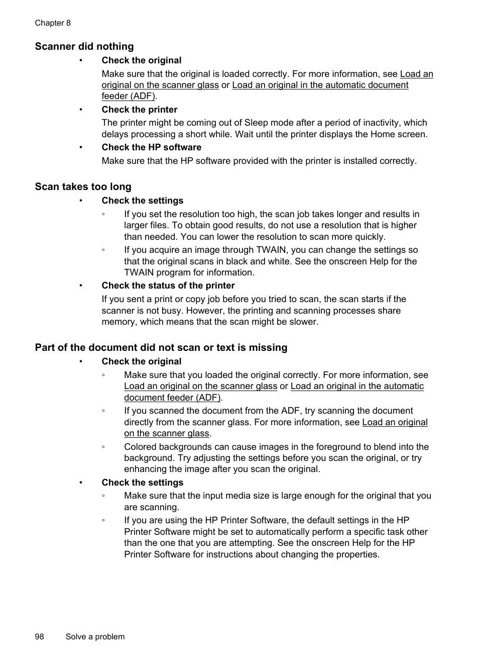 Scanner did nothing, Scan takes too long | HP Officejet 6700 Premium e-All-in-One Printer - H711n User Manual | Page 102 / 224