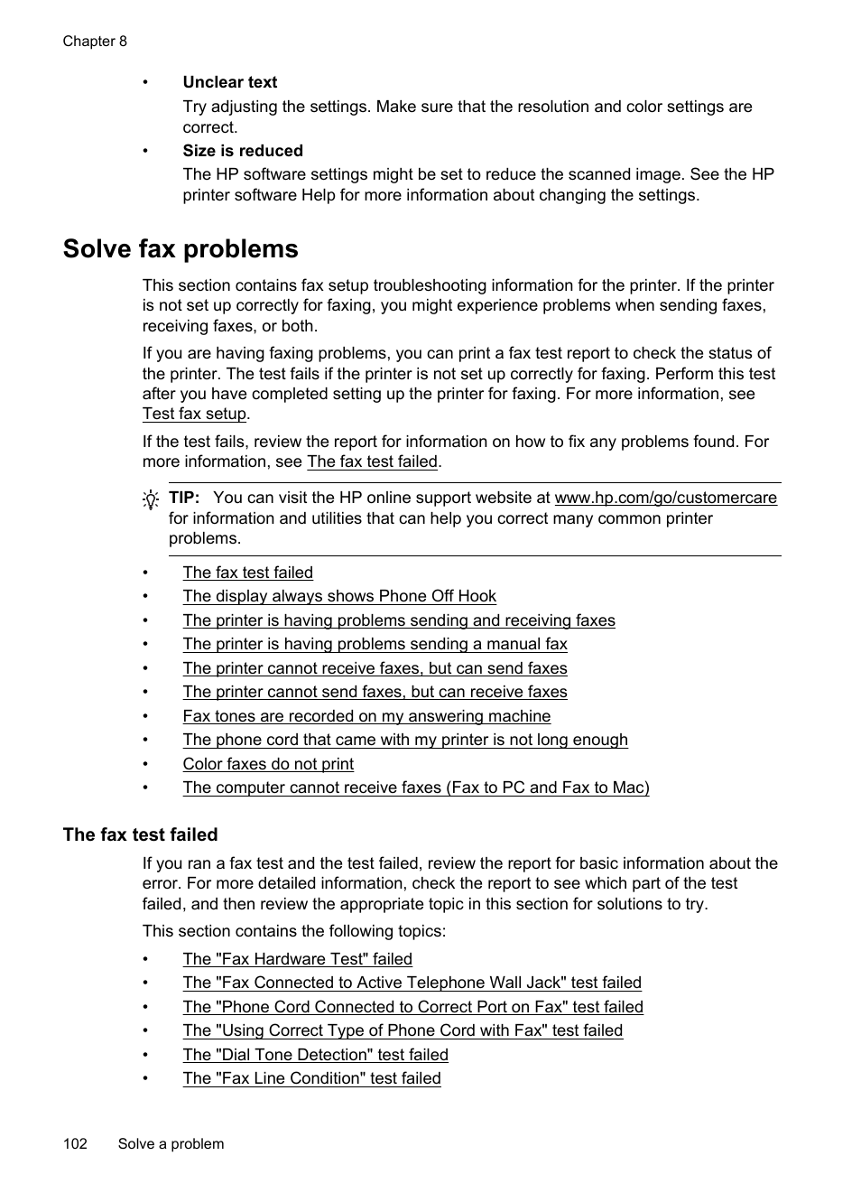 Solve fax problems, The fax test failed | HP Officejet 6700 Premium e-All-in-One Printer - H711n User Manual | Page 106 / 224